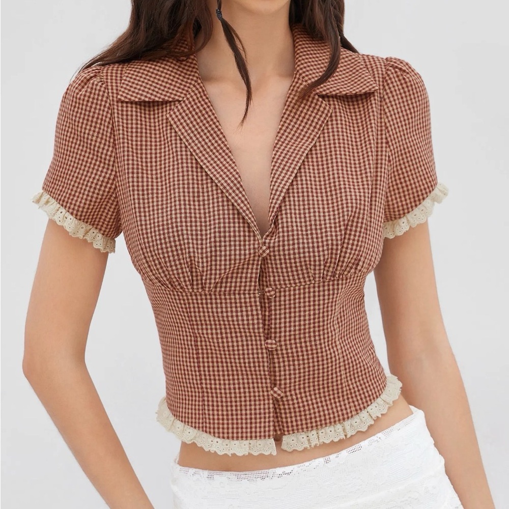 Cider Red Gingham Short-Sleeve Button Blouse with Cream Lace